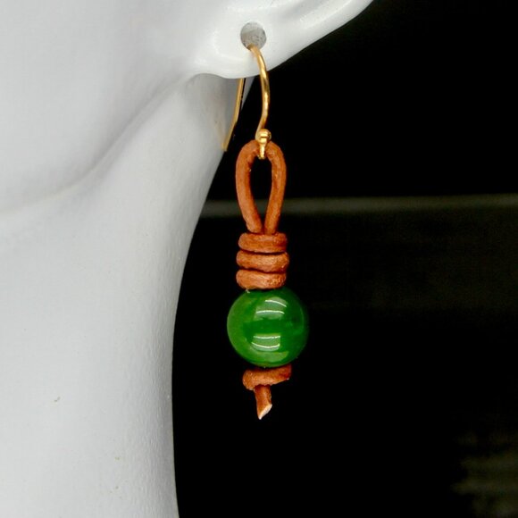 Jade Gemstones on Hand Knotted Soft Brown Leather Cord Earrings - Picture 3 of 7